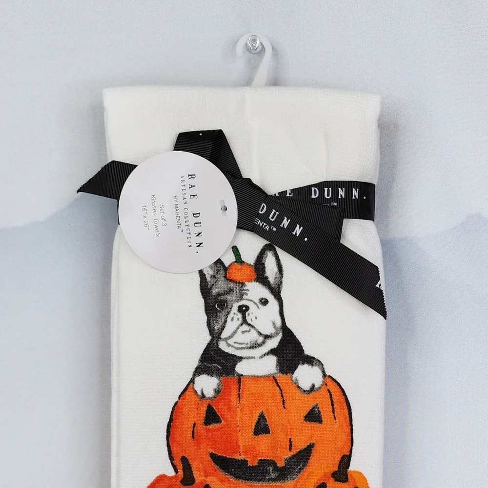 Frenchie Happy Haunting Kitchen Towel Set Of 3 - Rae Dunn By Magenta NWT